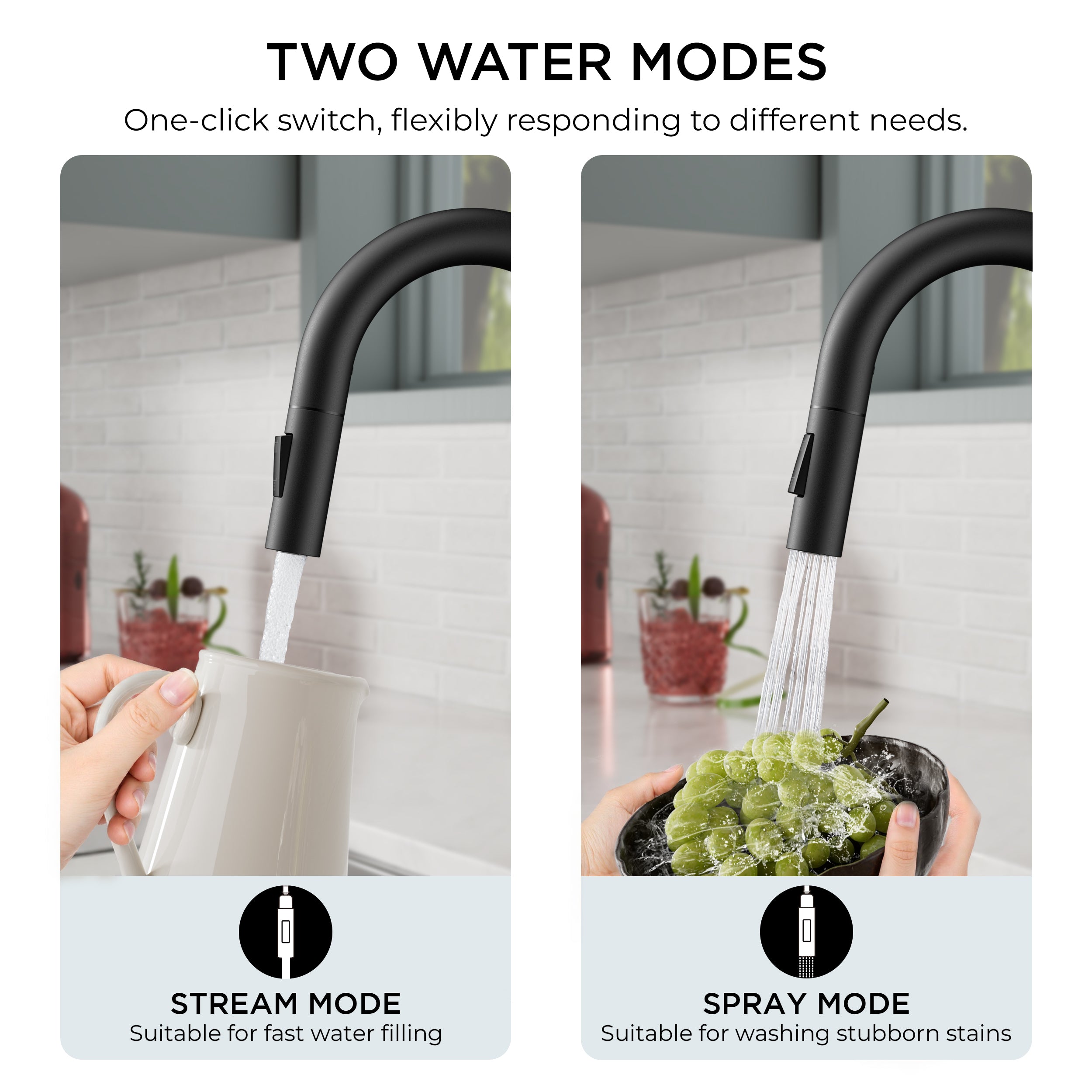 FORIOUS Black Bar Sink Faucet for Kitchen Sink, Modern Single Handle Kitchen Faucet with Pull Down Sprayer, Stainless Steel High Arc with Deck Plate for 1 or 3 Hole, Suitable for Bathroom RV Camper