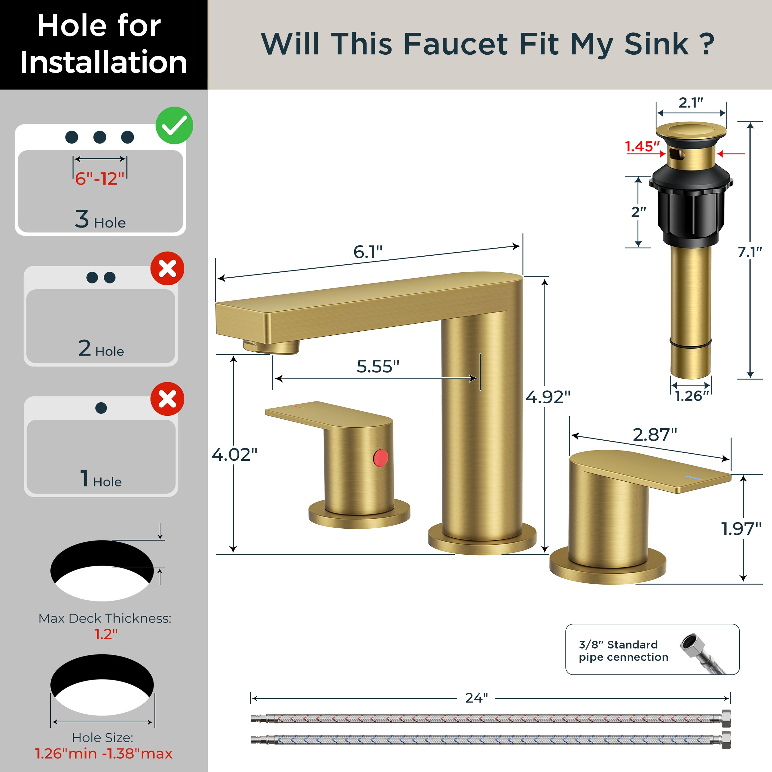 FORIOUS 8 Inch Bathroom Faucet 3 Hole, 2 Handles for Vanity ORB| 2 Handles Bathroom Sink Faucet with Pop-up Drain and 24" cUPC Lines, Fits 6-12 Inch 3 Hole Install, for RV Laundry Sink