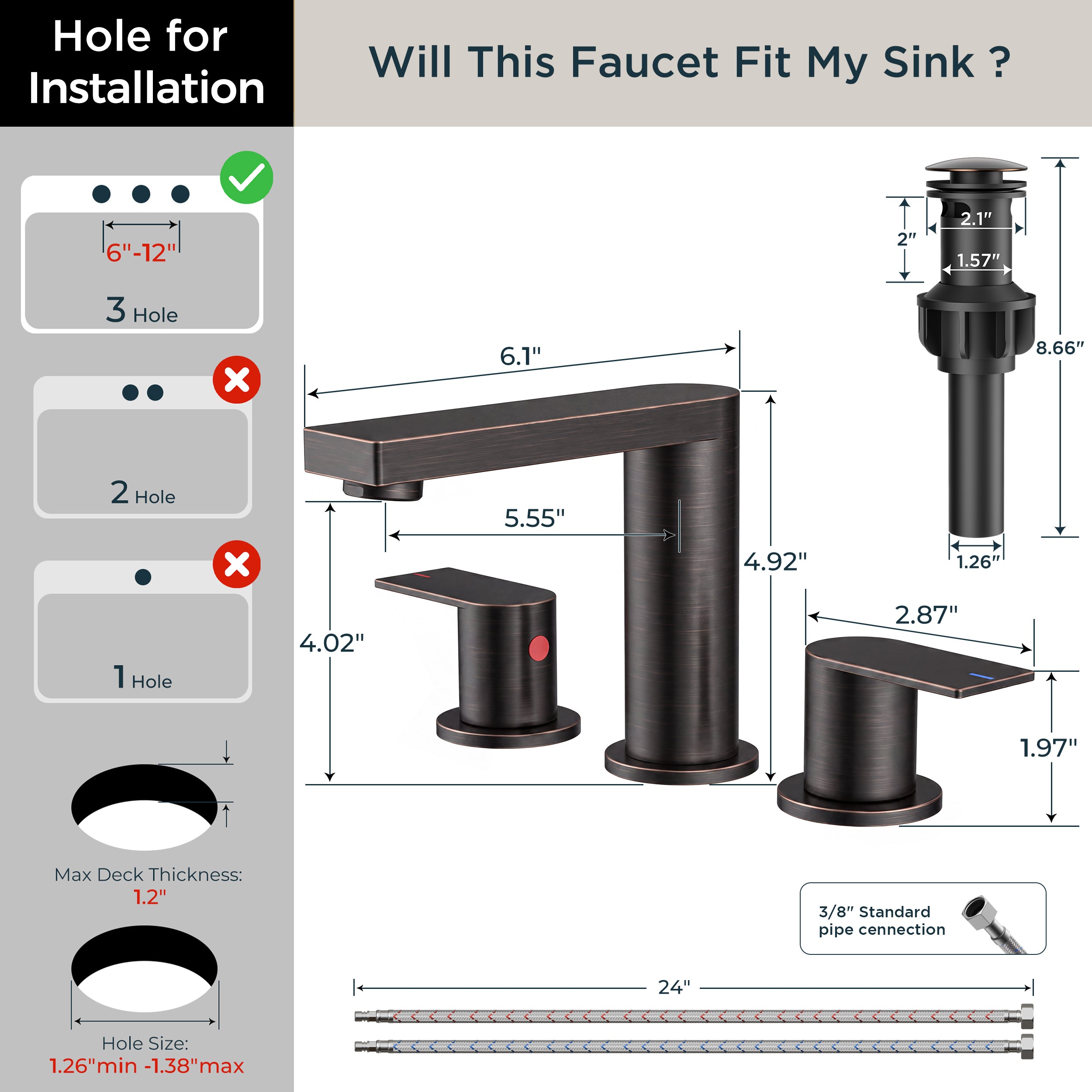 FORIOUS 8 Inch Bathroom Faucet 3 Hole, 2 Handles for Vanity ORB| 2 Handles Bathroom Sink Faucet with Pop-up Drain and 24" cUPC Lines, Fits 6-12 Inch 3 Hole Install, for RV Laundry Sink
