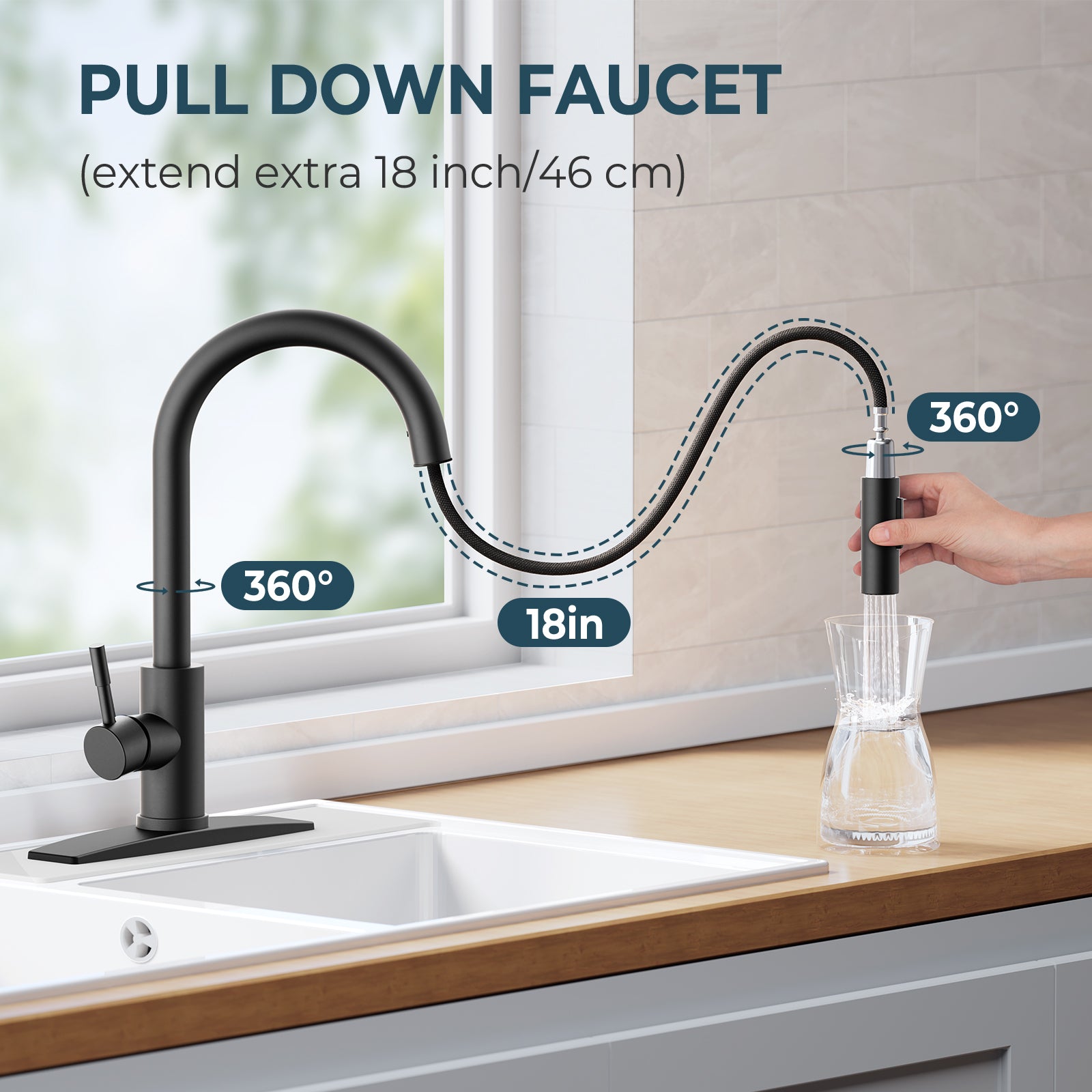 FORIOUS Black Kitchen Faucet with Pull Down Sprayer, High Arc Modern Classic Sink Faucet Stainless Steel with Deck Plate Fit for 1 or 3 Hole for Pot Filler Bar Farmhouse Laundry Rv