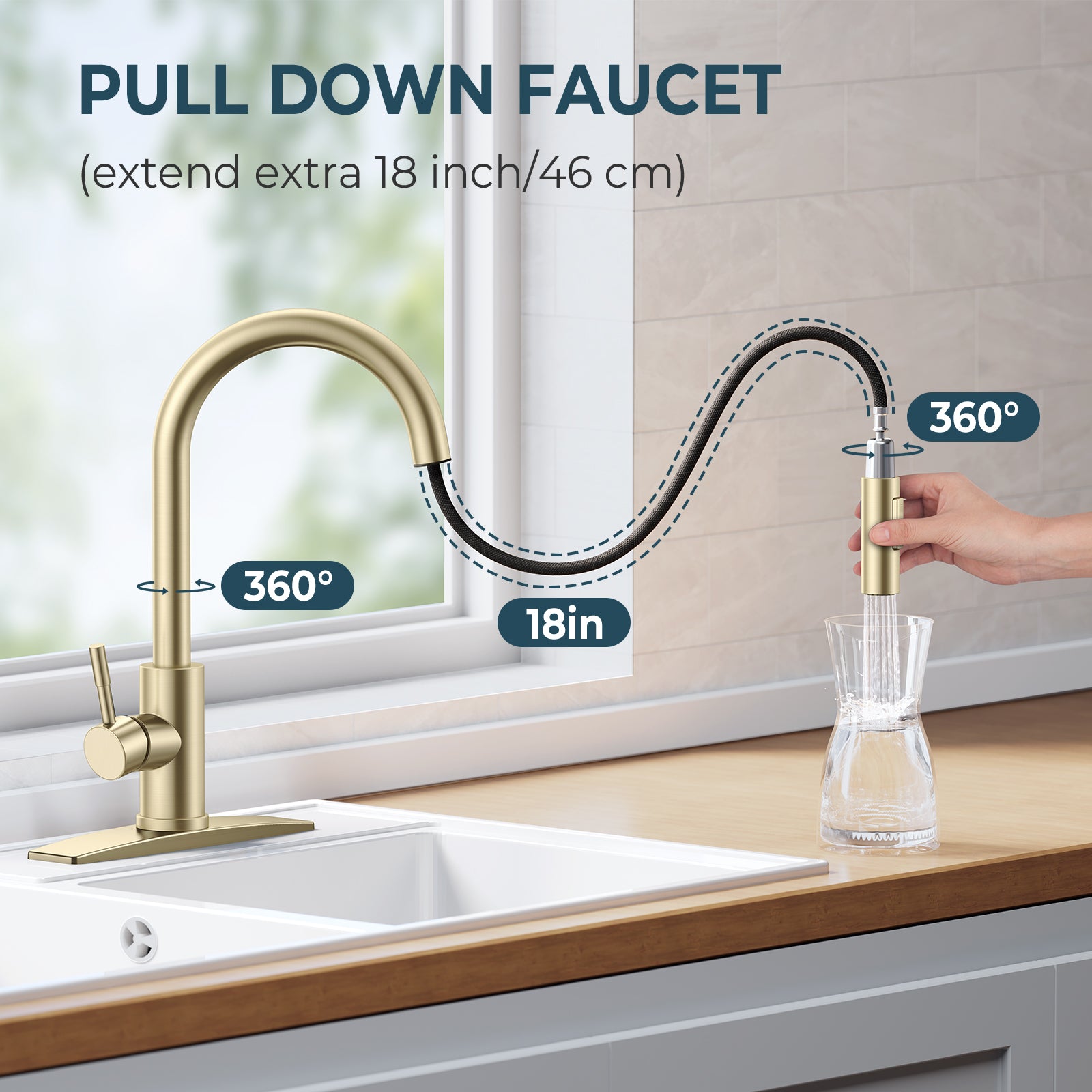 FORIOUS Gold Kitchen Faucet with Pull Down Sprayer, High Arc Modern Classic Sink Faucet Stainless Steel with Deck Fit for 1 or 3 Hole for Pot Filler Bar Farmhouse Laundry Rv, Brushed Champagne Golden