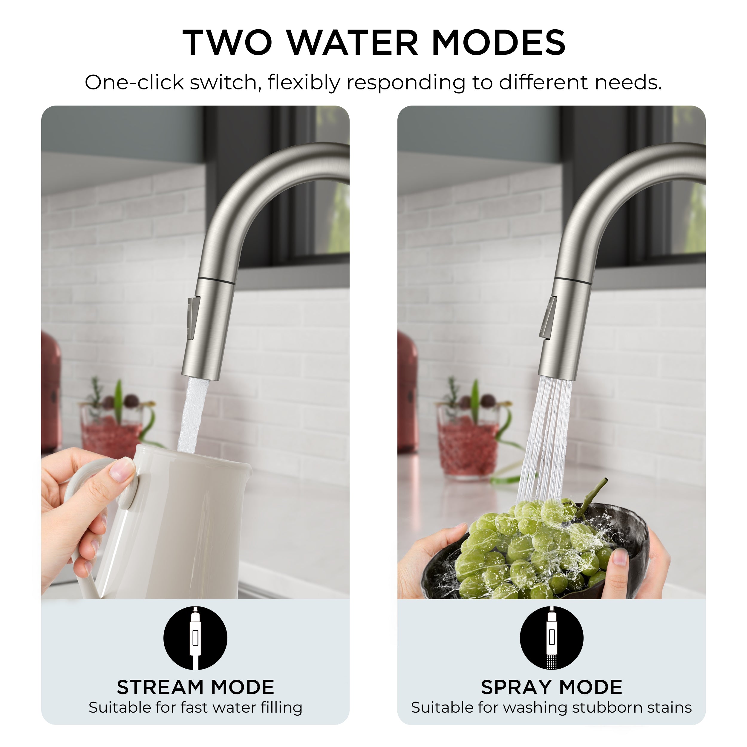 FORIOUS Bar Sink Faucet for Kitchen Sink, Modern Single Handle Kitchen Faucet with Pull Down Sprayer, Brushed Nickel Stainless Steel High Arc with Deck Plate for 1 or 3 Hole, Suitable for Bathroom RV