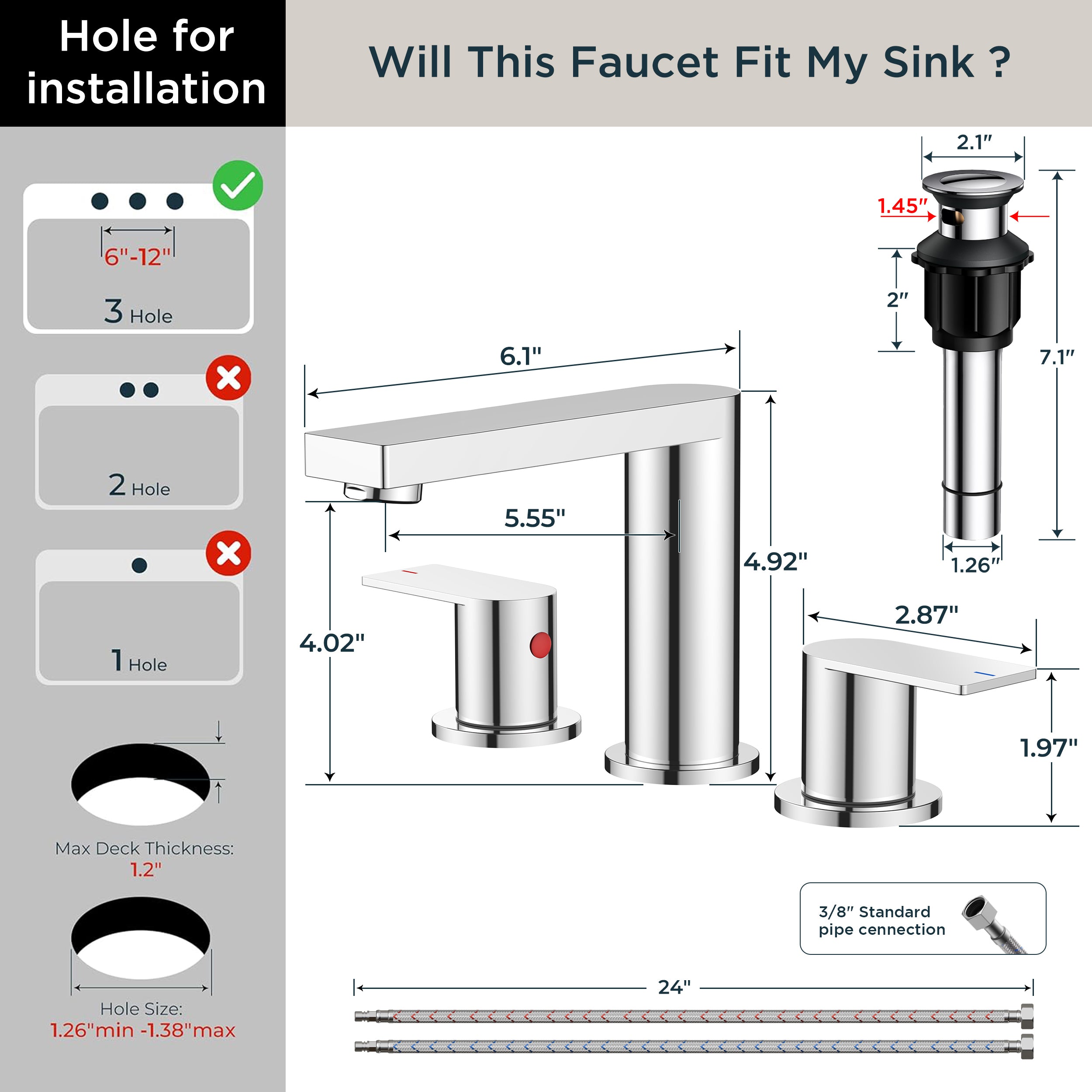 FORIOUS 8 Inch Bathroom Faucet 3 Hole, 2 Handles for Vanity ORB| 2 Handles Bathroom Sink Faucet with Pop-up Drain and 24" cUPC Lines, Fits 6-12 Inch 3 Hole Install, for RV Laundry Sink