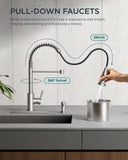 FORIOUS Kitchen Faucet with Soap Dispenser, Brushed Nickel Stainless Steel Spring Sink Faucet with Pull Down Sprayer Transitional Single Handle for Pot Filler, Farmhouse Camper Bar Laundry Room