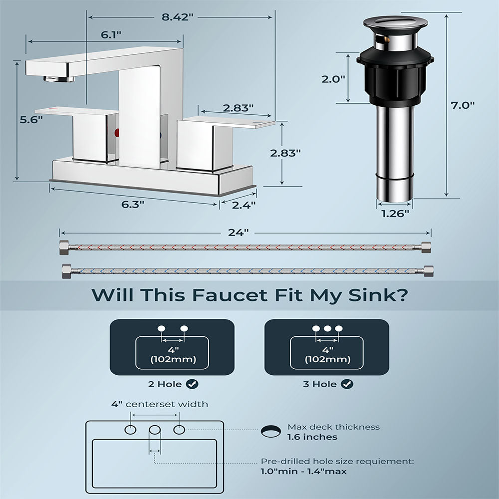 FORIOUS Chrome Bathroom Faucets Centerset, 2 Handle 4 Inch Centerset Bathroom Sink Faucet Chrome with Metal Pop Up Drain, 24" CUPC Hose and 1.2 PGM Spare Water Saving Aerator FB-61033CH