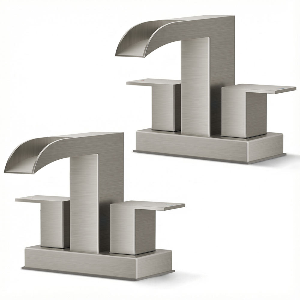 FORIOUS Brushed Nickel Bathroom Faucets for 2 Hole or 3 Hole, Waterfall 4 Inch Centerset Bathroom Sink Faucet with Metal Pop-up Drain and Supply Lines, Two Handles for Vanity, 2 Pack