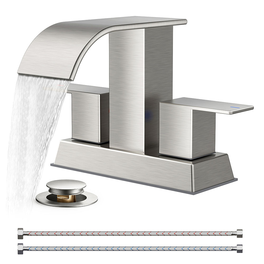 FORIOUS 4 Inch Centerset Oil Rubbed Bronze Bathroom Faucet, 2 or 3 Hole Waterfall Square Bathroom Sink Faucet with Metal Pop-up Drain and Supply Lines, Two Handles for Vanity, Lavatory Room, Pedestal