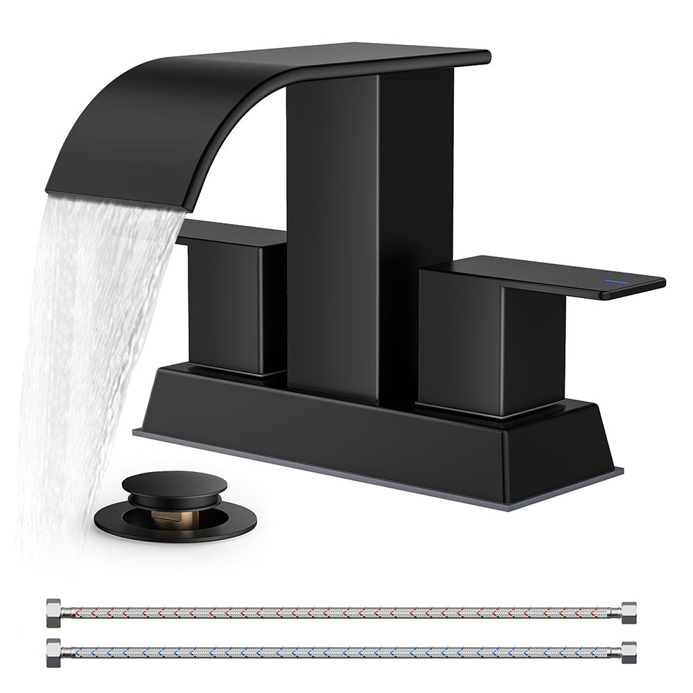 FORIOUS 4 Inch Centerset Oil Rubbed Bronze Bathroom Faucet, 2 or 3 Hole Waterfall Square Bathroom Sink Faucet with Metal Pop-up Drain and Supply Lines, Two Handles for Vanity, Lavatory Room, Pedestal