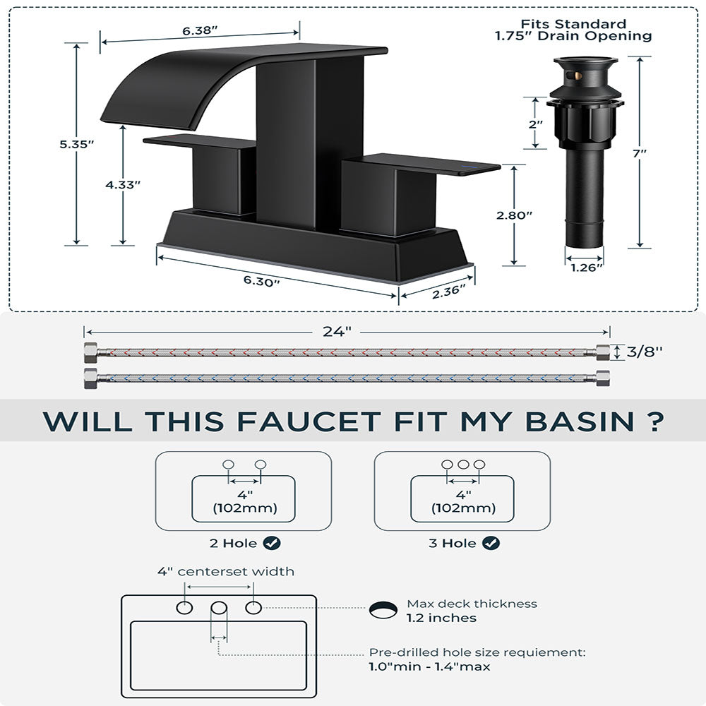 FORIOUS 4 Inch Centerset Oil Rubbed Bronze Bathroom Faucet, 2 or 3 Hole Waterfall Square Bathroom Sink Faucet with Metal Pop-up Drain and Supply Lines, Two Handles for Vanity, Lavatory Room, Pedestal