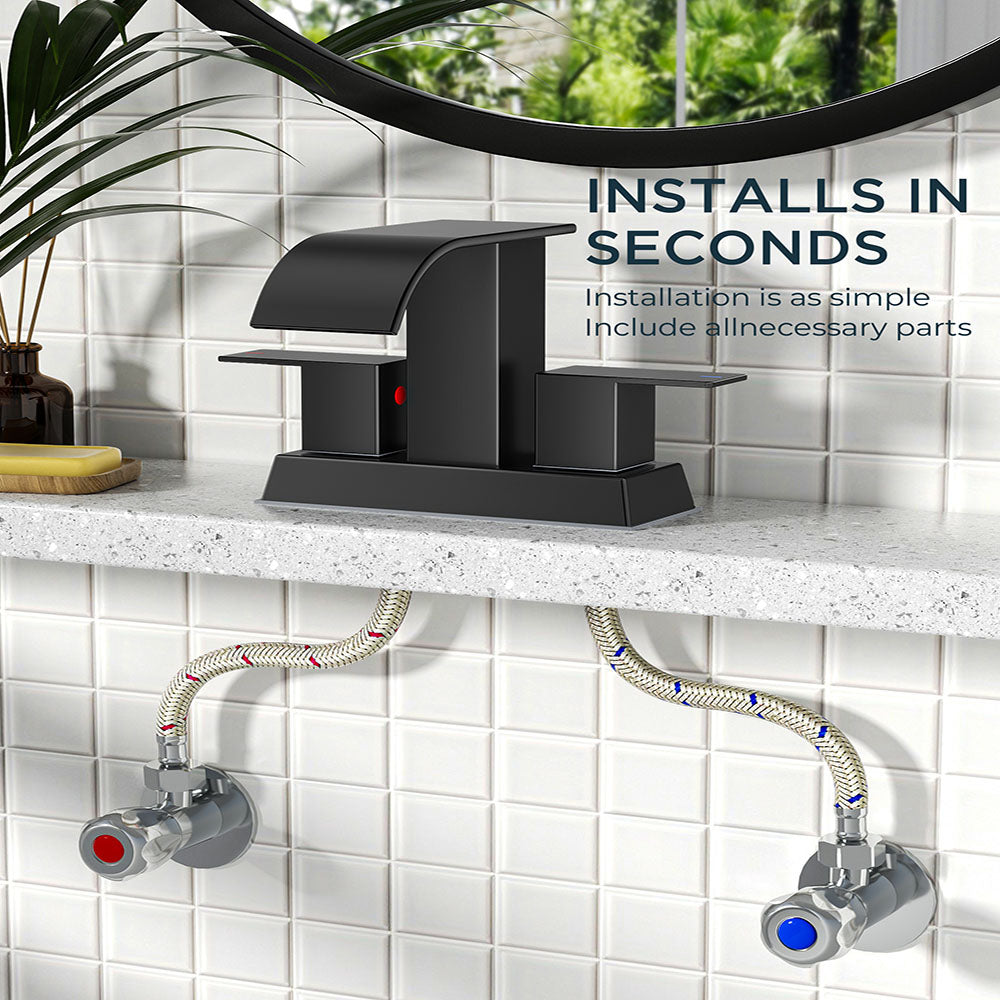 FORIOUS 4 Inch Centerset Oil Rubbed Bronze Bathroom Faucet, 2 or 3 Hole Waterfall Square Bathroom Sink Faucet with Metal Pop-up Drain and Supply Lines, Two Handles for Vanity, Lavatory Room, Pedestal