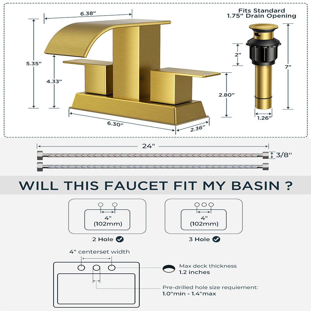FORIOUS 4 Inch Centerset Oil Rubbed Bronze Bathroom Faucet, 2 or 3 Hole Waterfall Square Bathroom Sink Faucet with Metal Pop-up Drain and Supply Lines, Two Handles for Vanity, Lavatory Room, Pedestal