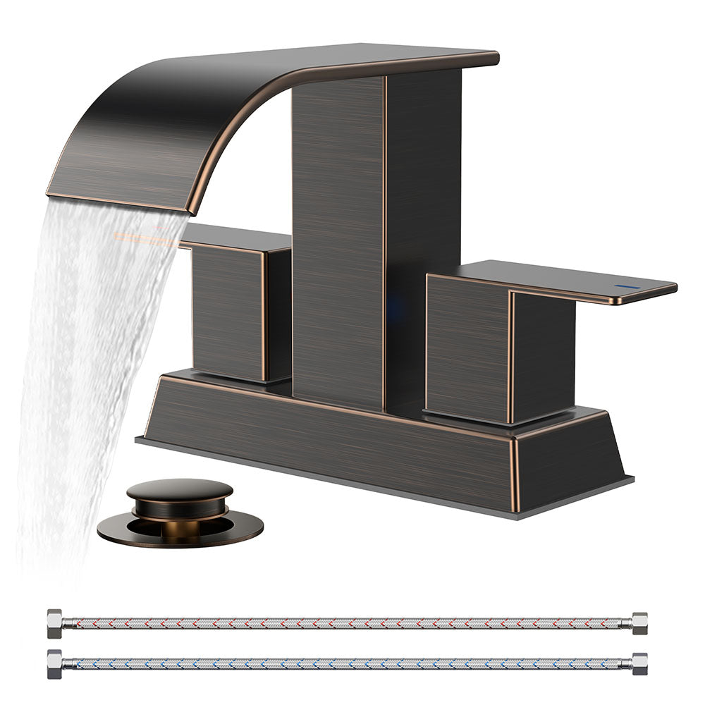 FORIOUS 4 Inch Centerset Oil Rubbed Bronze Bathroom Faucet, 2 or 3 Hole Waterfall Square Bathroom Sink Faucet with Metal Pop-up Drain and Supply Lines, Two Handles for Vanity, Lavatory Room, Pedestal