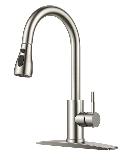 FORIOUS Kitchen Faucets with Pull Down Sprayer, Brushed Nickel High Arc Single Handle Stainless Steel Bar Sink Faucet with Deck Plate for 1 or 3 Hole, Suitable for Farmhouse RV Camper Laundry