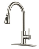 FORIOUS Kitchen Faucets with Pull Down Sprayer, Brushed Nickel High Arc Single Handle Stainless Steel Bar Sink Faucet with Deck Plate for 1 or 3 Hole, Suitable for Farmhouse RV Camper Laundry