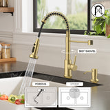 FORIOUS Kitchen Faucets with Sprayer, Gold Stainless Steel Sink Faucet Single Handle with Deck Plate, Commercial Classic Spring Faucet for Kitchen Sink, Bar & Prep Sinks, Laundry RV Camper