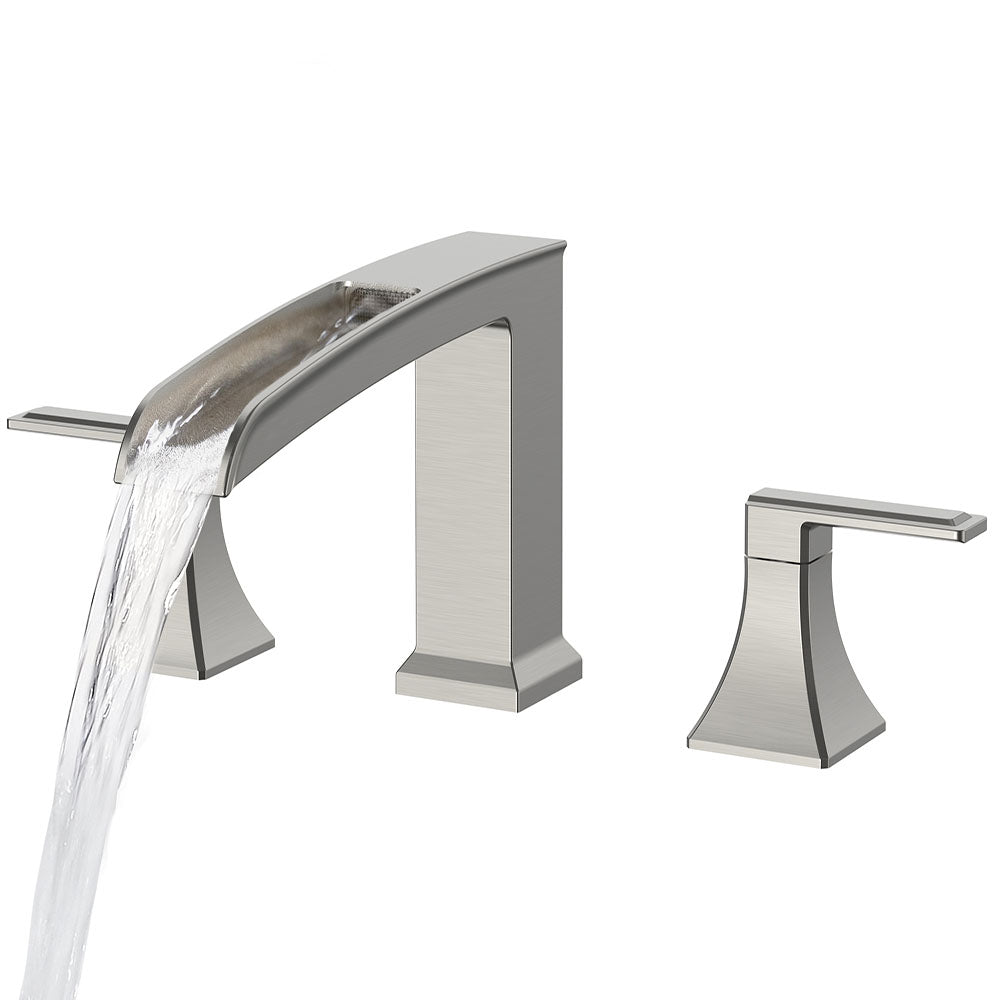 FORIOUS Waterfall Bathtub Faucet Set 3 Hole Brushed Gold, 2 Handle Deck Mount Roman Tub Faucet Widespread with Pre-Installed Water Hose for Garden Bathroom Bath Sink