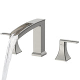 FORIOUS Waterfall Bathtub Faucet Set 3 Hole Brushed Gold, 2 Handle Deck Mount Roman Tub Faucet Widespread with Pre-Installed Water Hose for Garden Bathroom Bath Sink