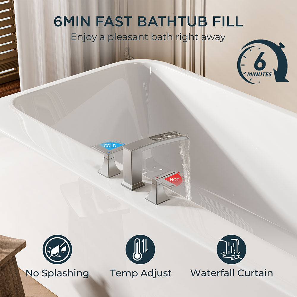FORIOUS Waterfall Bathtub Faucet Set 3 Hole Brushed Gold, 2 Handle Deck Mount Roman Tub Faucet Widespread with Pre-Installed Water Hose for Garden Bathroom Bath Sink