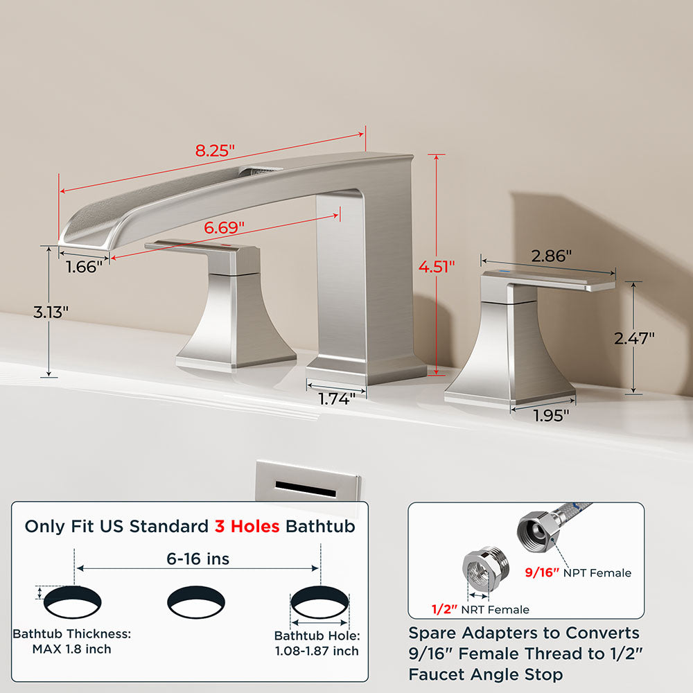 FORIOUS Waterfall Bathtub Faucet Set 3 Hole Brushed Gold, 2 Handle Deck Mount Roman Tub Faucet Widespread with Pre-Installed Water Hose for Garden Bathroom Bath Sink
