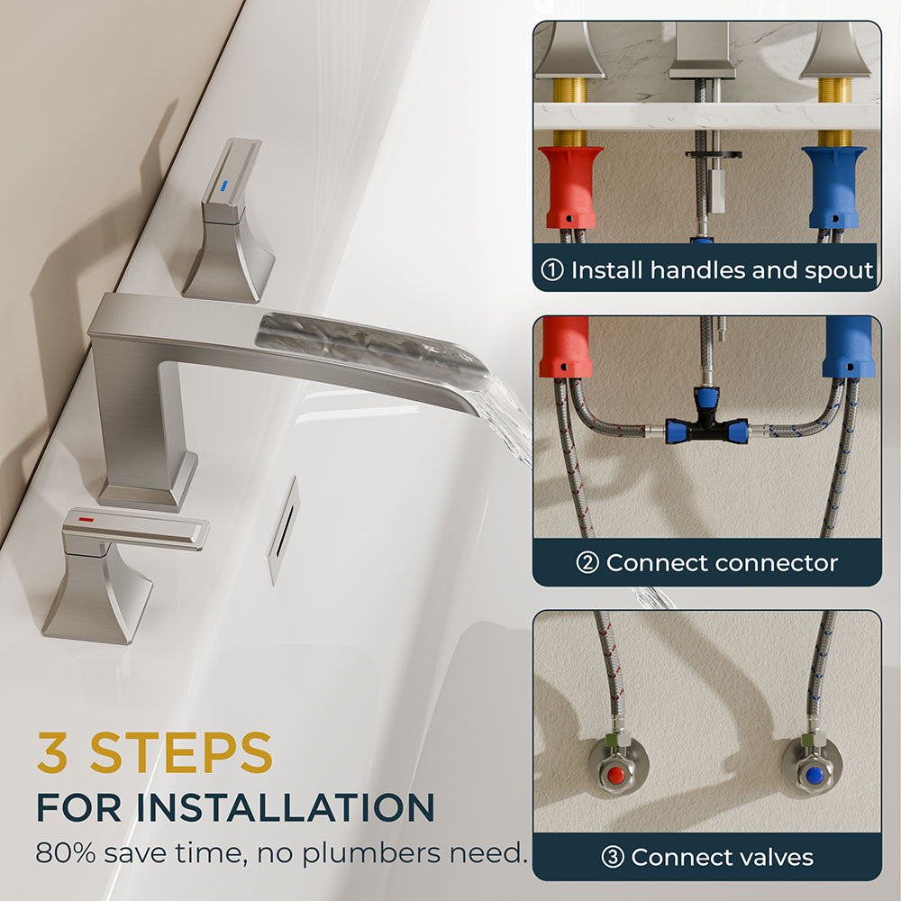FORIOUS Waterfall Bathtub Faucet Set 3 Hole Brushed Gold, 2 Handle Deck Mount Roman Tub Faucet Widespread with Pre-Installed Water Hose for Garden Bathroom Bath Sink