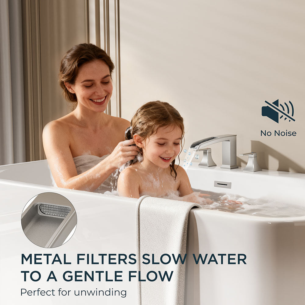 FORIOUS Waterfall Bathtub Faucet Set 3 Hole Brushed Gold, 2 Handle Deck Mount Roman Tub Faucet Widespread with Pre-Installed Water Hose for Garden Bathroom Bath Sink
