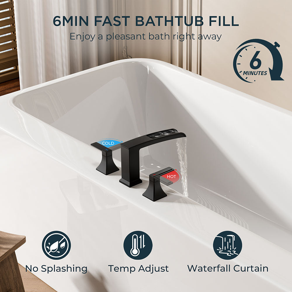 FORIOUS Waterfall Bathtub Faucet Set 3 Hole Brushed Gold, 2 Handle Deck Mount Roman Tub Faucet Widespread with Pre-Installed Water Hose for Garden Bathroom Bath Sink