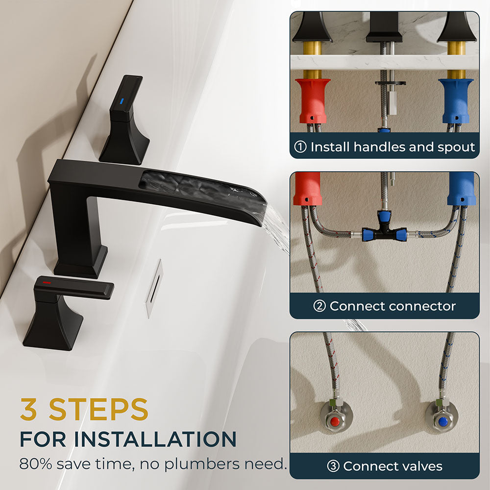 FORIOUS Waterfall Bathtub Faucet Set 3 Hole Brushed Gold, 2 Handle Deck Mount Roman Tub Faucet Widespread with Pre-Installed Water Hose for Garden Bathroom Bath Sink