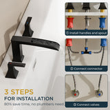 FORIOUS Waterfall Bathtub Faucet Set 3 Hole Brushed Gold, 2 Handle Deck Mount Roman Tub Faucet Widespread with Pre-Installed Water Hose for Garden Bathroom Bath Sink