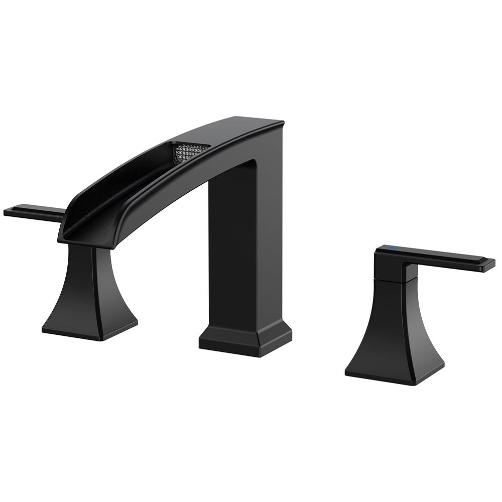 FORIOUS Waterfall Bathtub Faucet Set 3 Hole Brushed Gold, 2 Handle Deck Mount Roman Tub Faucet Widespread with Pre-Installed Water Hose for Garden Bathroom Bath Sink