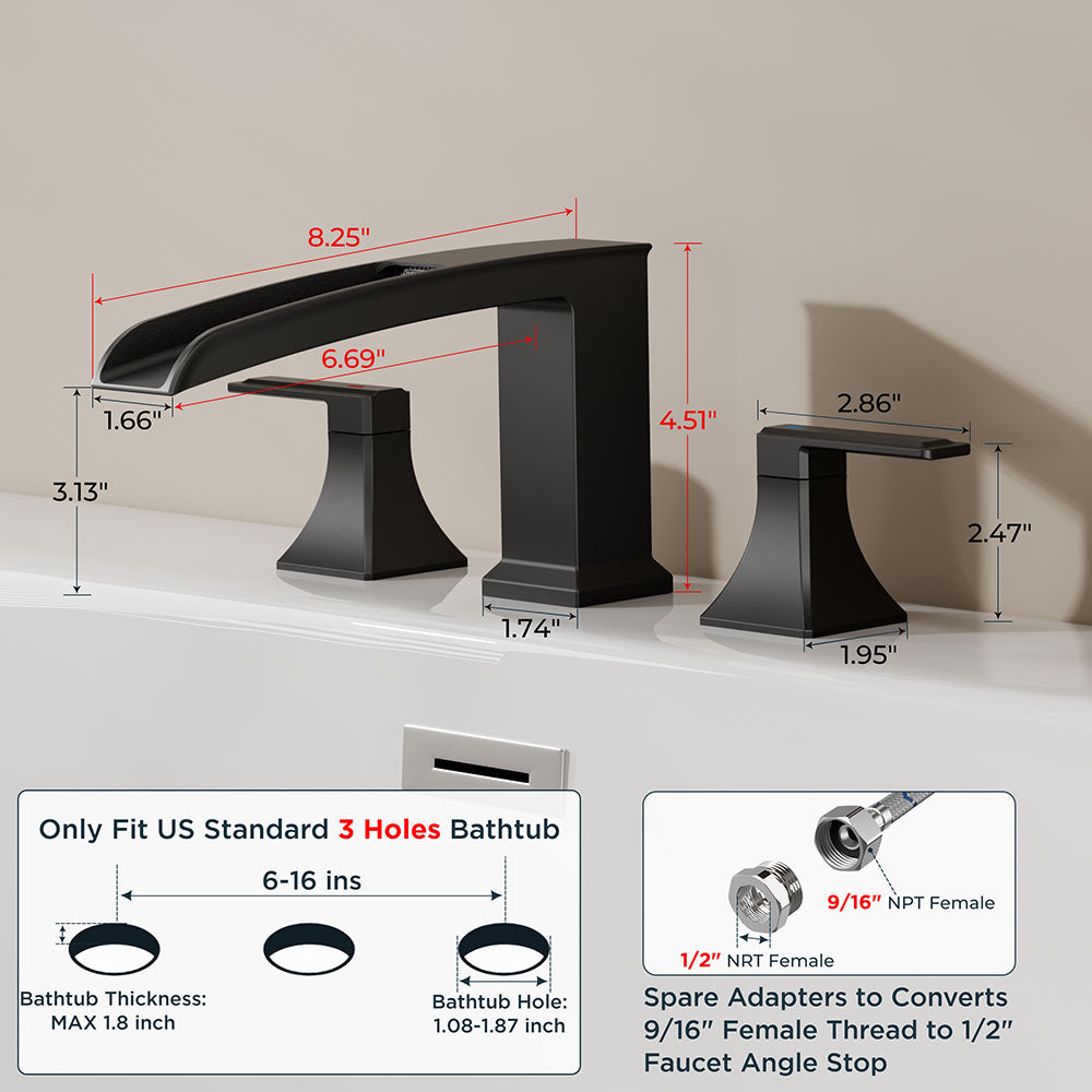 FORIOUS Waterfall Bathtub Faucet Set 3 Hole Brushed Gold, 2 Handle Deck Mount Roman Tub Faucet Widespread with Pre-Installed Water Hose for Garden Bathroom Bath Sink