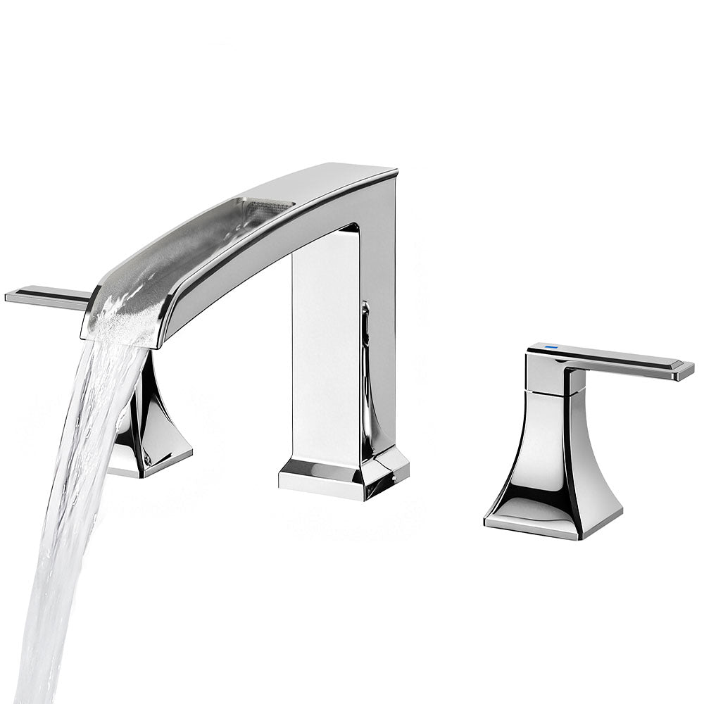 FORIOUS Waterfall Bathtub Faucet Set 3 Hole Brushed Gold, 2 Handle Deck Mount Roman Tub Faucet Widespread with Pre-Installed Water Hose for Garden Bathroom Bath Sink