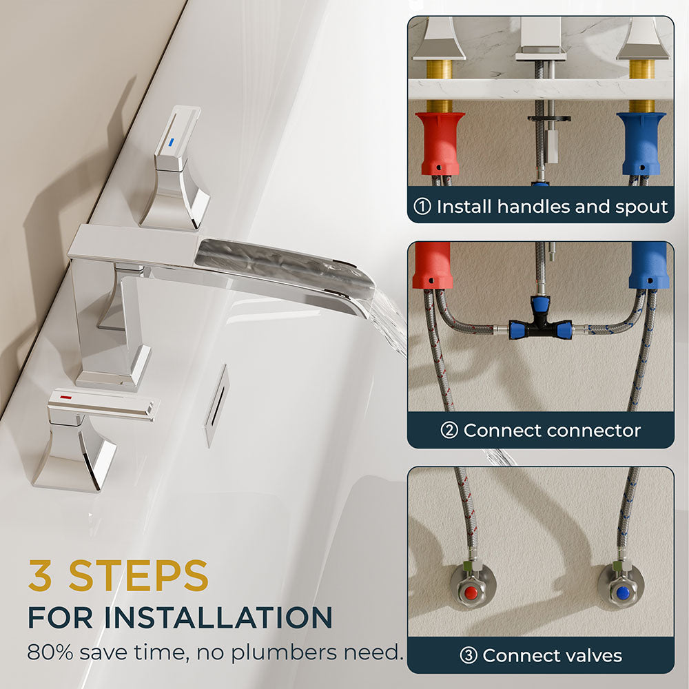 FORIOUS Waterfall Bathtub Faucet Set 3 Hole Brushed Gold, 2 Handle Deck Mount Roman Tub Faucet Widespread with Pre-Installed Water Hose for Garden Bathroom Bath Sink
