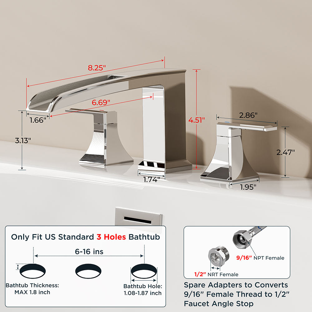 FORIOUS Waterfall Bathtub Faucet Set 3 Hole Brushed Gold, 2 Handle Deck Mount Roman Tub Faucet Widespread with Pre-Installed Water Hose for Garden Bathroom Bath Sink