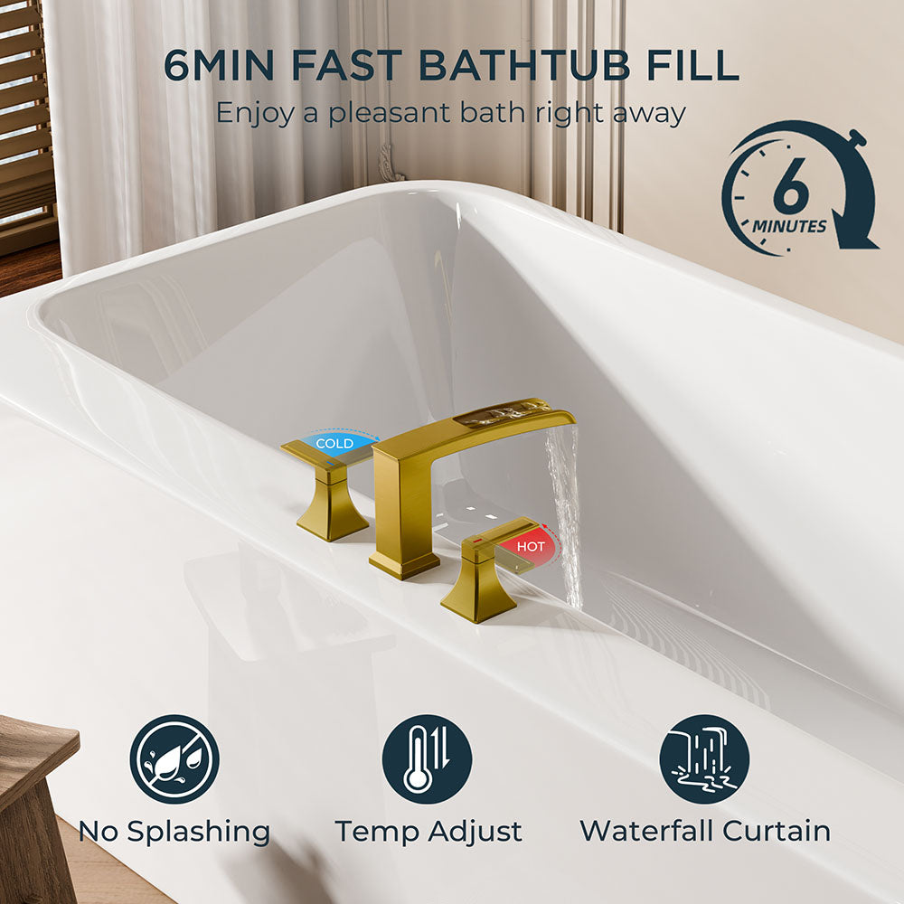 FORIOUS Waterfall Bathtub Faucet Set 3 Hole Brushed Gold, 2 Handle Deck Mount Roman Tub Faucet Widespread with Pre-Installed Water Hose for Garden Bathroom Bath Sink