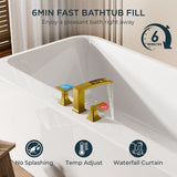 FORIOUS Waterfall Bathtub Faucet Set 3 Hole Brushed Gold, 2 Handle Deck Mount Roman Tub Faucet Widespread with Pre-Installed Water Hose for Garden Bathroom Bath Sink