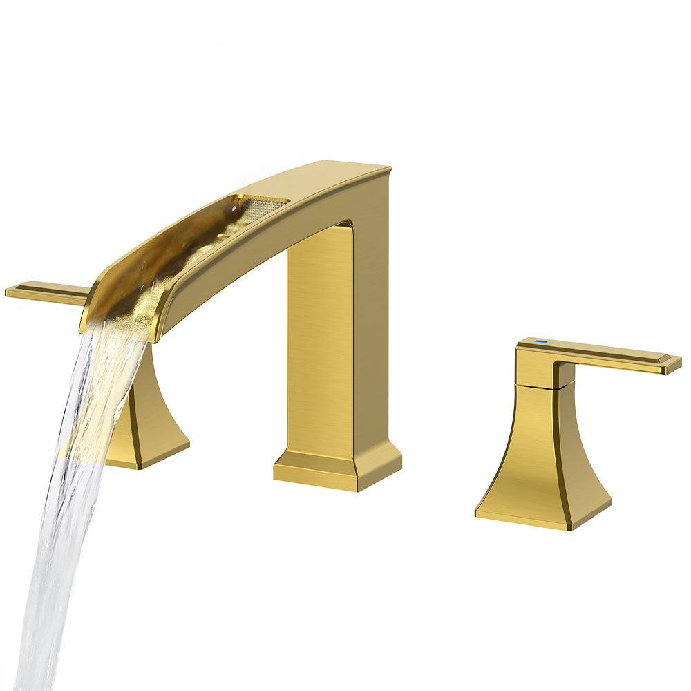 FORIOUS Waterfall Bathtub Faucet Set 3 Hole Brushed Gold, 2 Handle Deck Mount Roman Tub Faucet Widespread with Pre-Installed Water Hose for Garden Bathroom Bath Sink