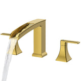 FORIOUS Waterfall Bathtub Faucet Set 3 Hole Brushed Gold, 2 Handle Deck Mount Roman Tub Faucet Widespread with Pre-Installed Water Hose for Garden Bathroom Bath Sink