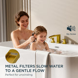 FORIOUS Waterfall Bathtub Faucet Set 3 Hole Brushed Gold, 2 Handle Deck Mount Roman Tub Faucet Widespread with Pre-Installed Water Hose for Garden Bathroom Bath Sink