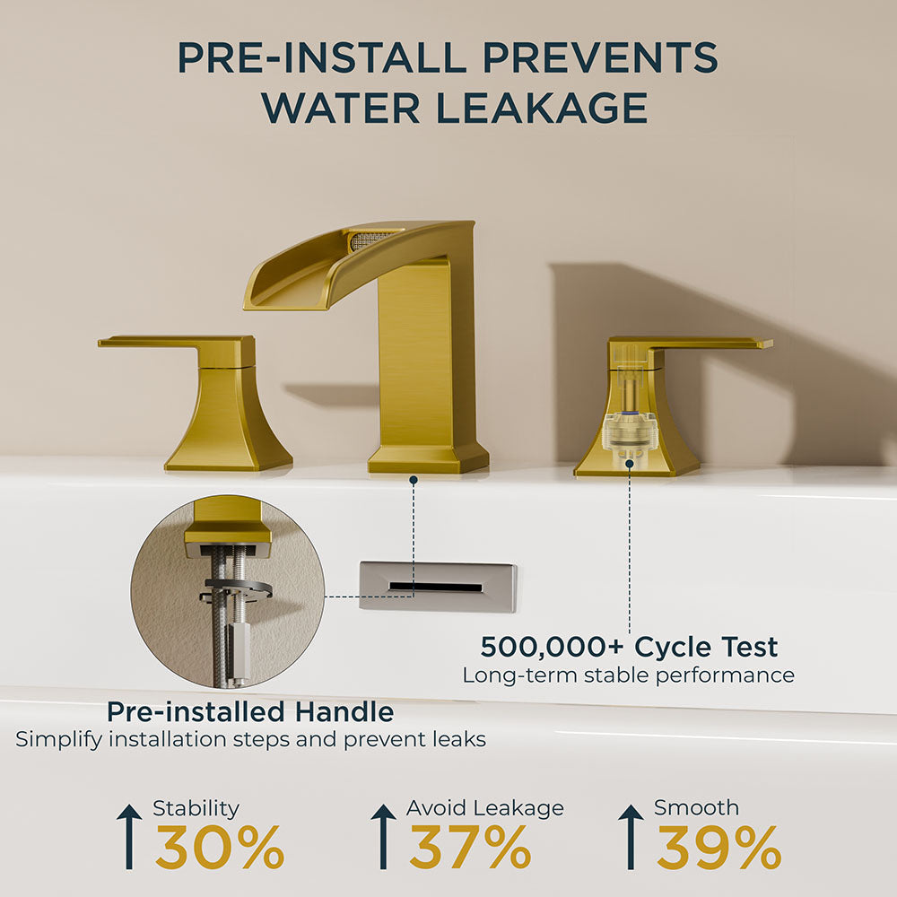 FORIOUS Waterfall Bathtub Faucet Set 3 Hole Brushed Gold, 2 Handle Deck Mount Roman Tub Faucet Widespread with Pre-Installed Water Hose for Garden Bathroom Bath Sink