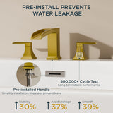 FORIOUS Waterfall Bathtub Faucet Set 3 Hole Brushed Gold, 2 Handle Deck Mount Roman Tub Faucet Widespread with Pre-Installed Water Hose for Garden Bathroom Bath Sink