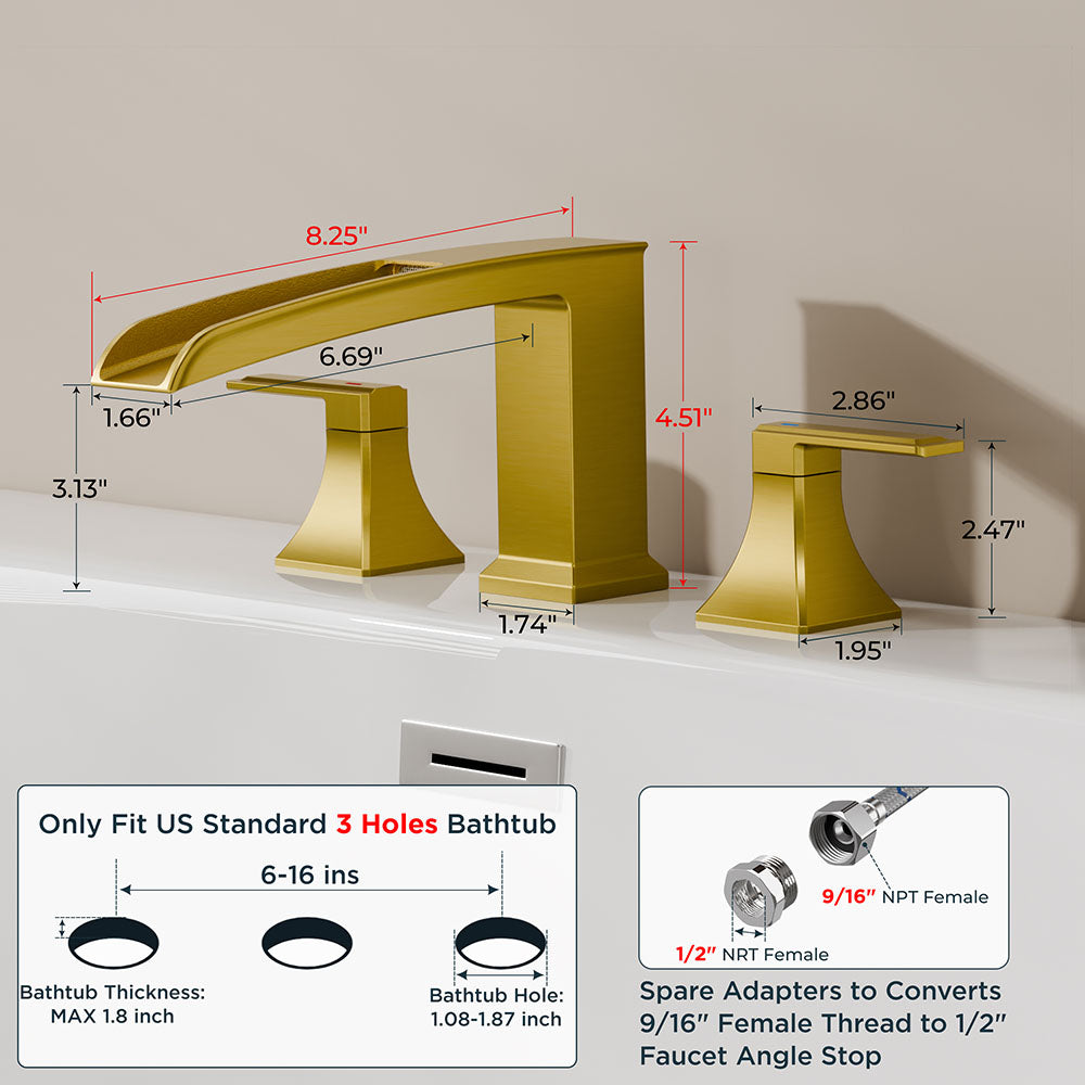 FORIOUS Waterfall Bathtub Faucet Set 3 Hole Brushed Gold, 2 Handle Deck Mount Roman Tub Faucet Widespread with Pre-Installed Water Hose for Garden Bathroom Bath Sink
