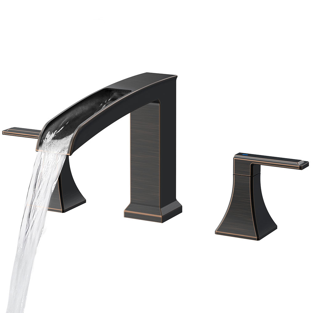 FORIOUS Waterfall Bathtub Faucet Set 3 Hole Brushed Gold, 2 Handle Deck Mount Roman Tub Faucet Widespread with Pre-Installed Water Hose for Garden Bathroom Bath Sink