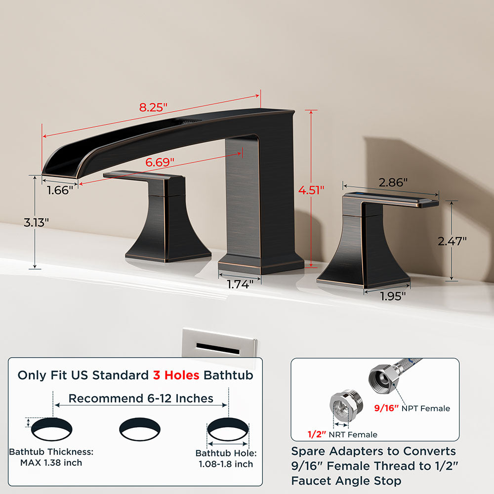 FORIOUS Waterfall Bathtub Faucet Set 3 Hole Brushed Gold, 2 Handle Deck Mount Roman Tub Faucet Widespread with Pre-Installed Water Hose for Garden Bathroom Bath Sink