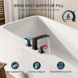 FORIOUS Waterfall Bathtub Faucet Set 3 Hole Brushed Gold, 2 Handle Deck Mount Roman Tub Faucet Widespread with Pre-Installed Water Hose for Garden Bathroom Bath Sink