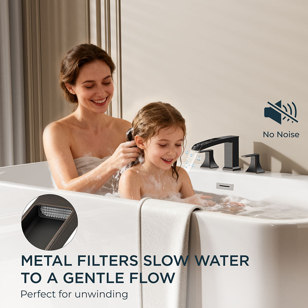 FORIOUS Waterfall Bathtub Faucet Set 3 Hole Brushed Gold, 2 Handle Deck Mount Roman Tub Faucet Widespread with Pre-Installed Water Hose for Garden Bathroom Bath Sink