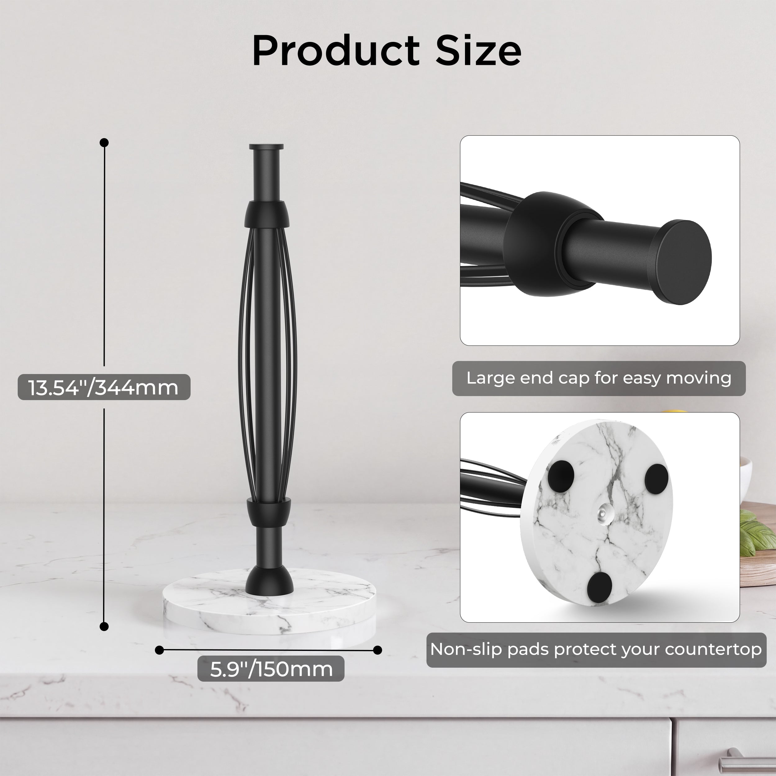 FORIOUS Paper Towel Holder Countertop, One-Handed Tear,Weighted Marble Base 304 Stainless Steel Paper Towel Stand, Ratchet Mechanism for Easy Tearing, Fits Standard & Jumbo Rolls for Kitchen, Silver