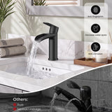 FORIOUS Single Handle Bathroom Faucet 1 Hole Vanity Sink Faucet Matte Black For 1 or 3 hole(4-inch centerset) Sink Setup, Modern Waterfall Spout, with Drain and Supply Lines for RV Vantiy Restroom