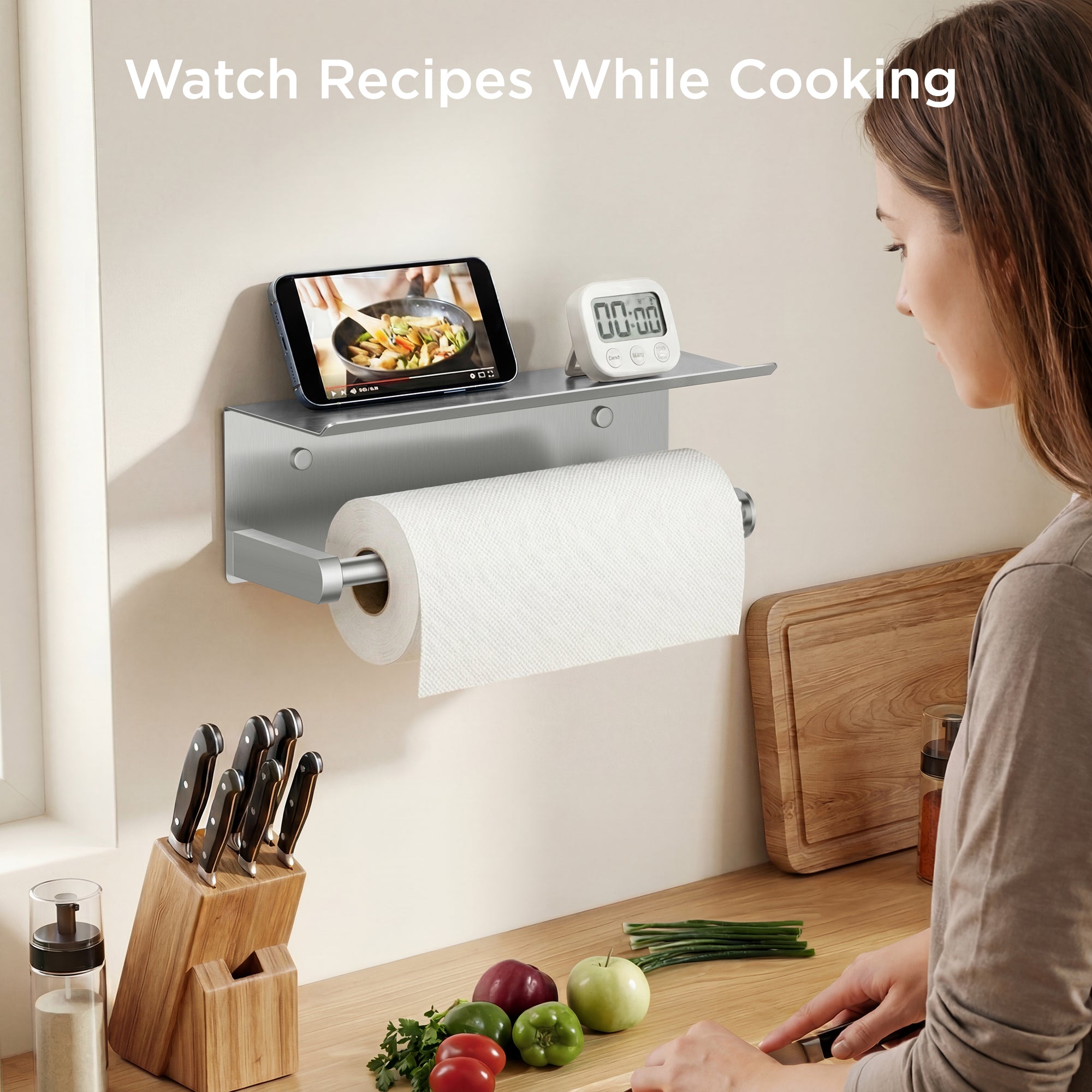 FORIOUS Wall Mount Paper Towel Holder with Shelf，Stainless Steel | Heavy Duty SUS304 Stainless Steel Paper Roll Organizer with Storage Spice Shelf, Screw-in for Kitchen, Bathroom, RV & Garage