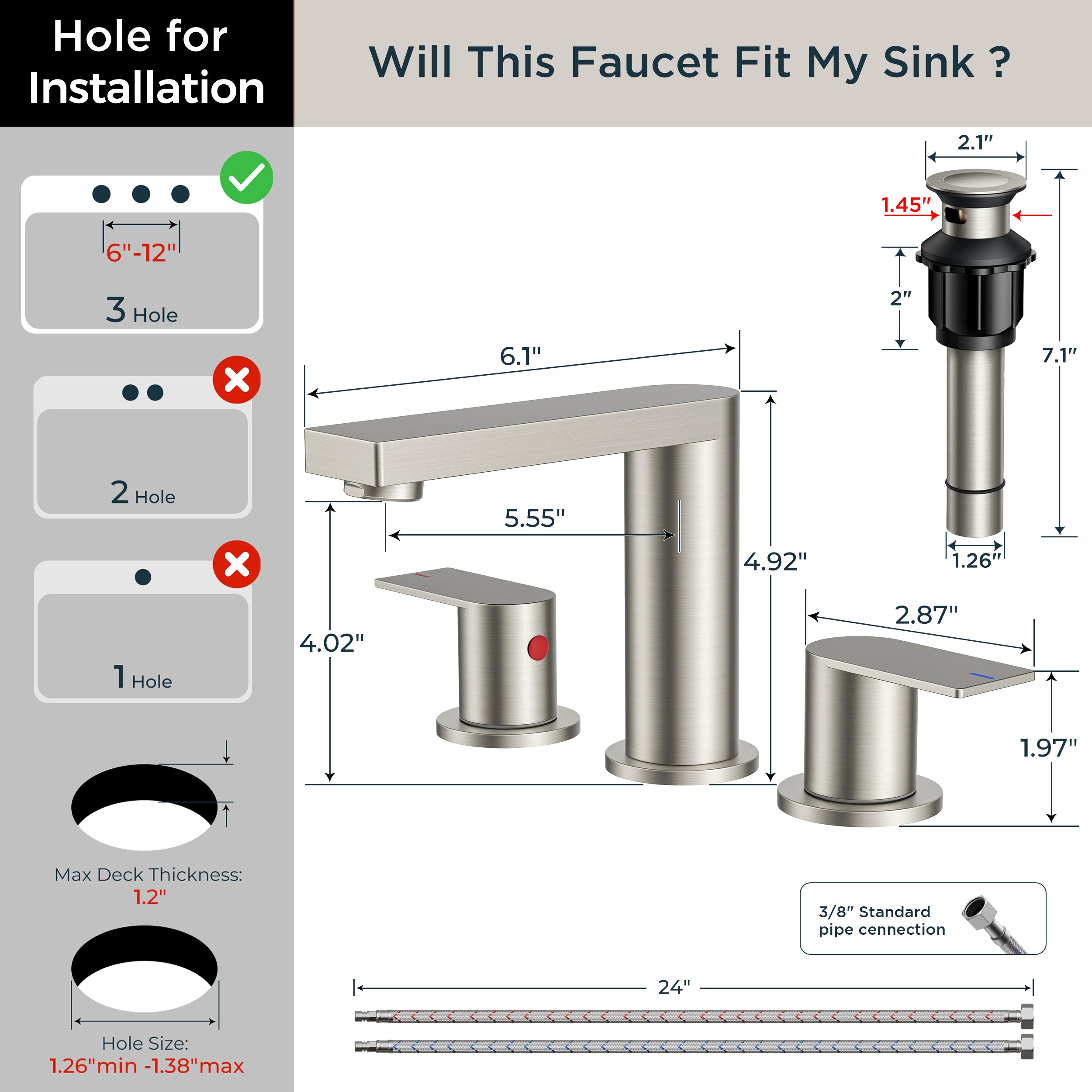 FORIOUS 8 Inch Bathroom Faucet 3 Hole, 2 Handles for Vanity ORB| 2 Handles Bathroom Sink Faucet with Pop-up Drain and 24" cUPC Lines, Fits 6-12 Inch 3 Hole Install, for RV Laundry Sink