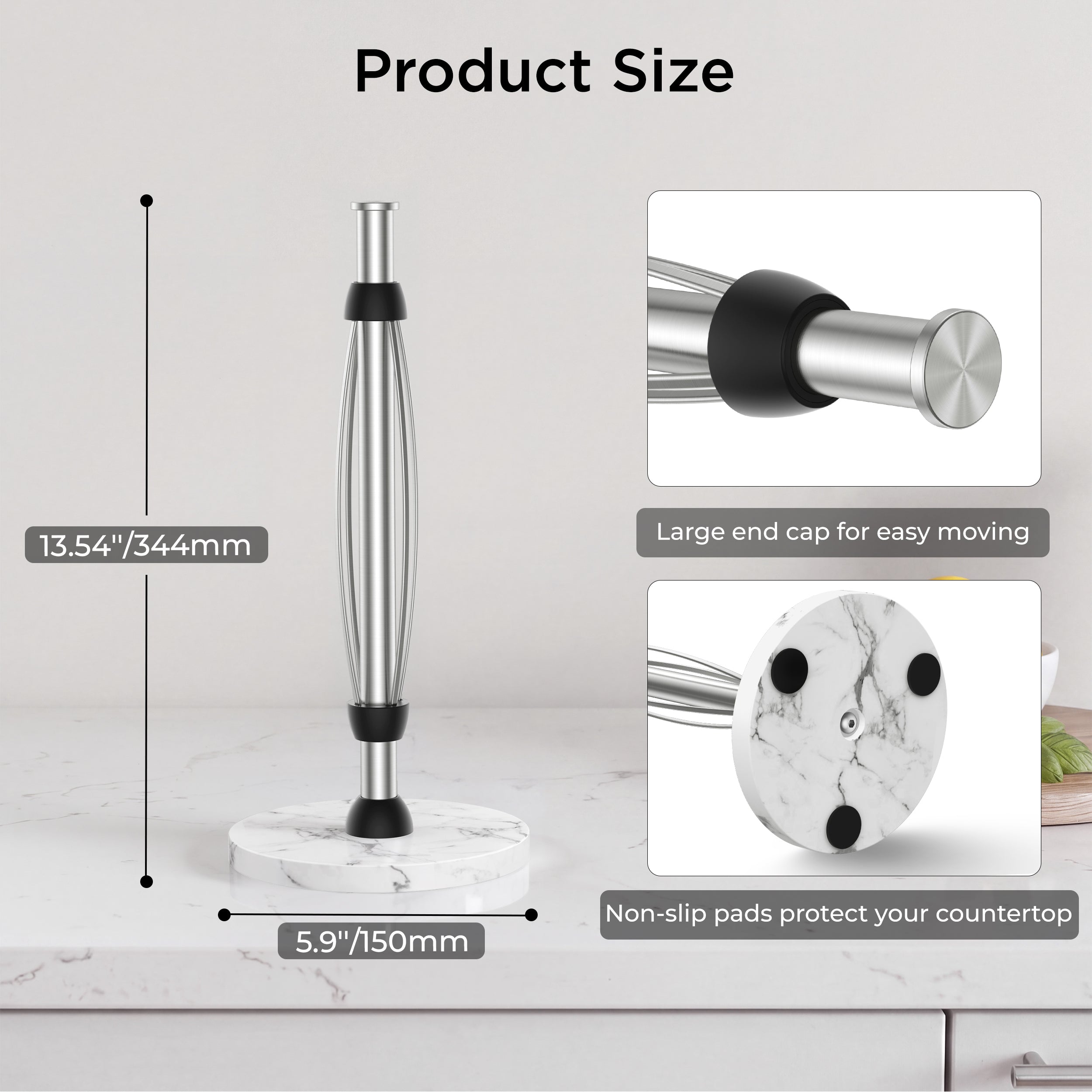 FORIOUS Paper Towel Holder Countertop, One-Handed Tear,Weighted Marble Base 304 Stainless Steel Paper Towel Stand, Ratchet Mechanism for Easy Tearing, Fits Standard & Jumbo Rolls for Kitchen, Silver